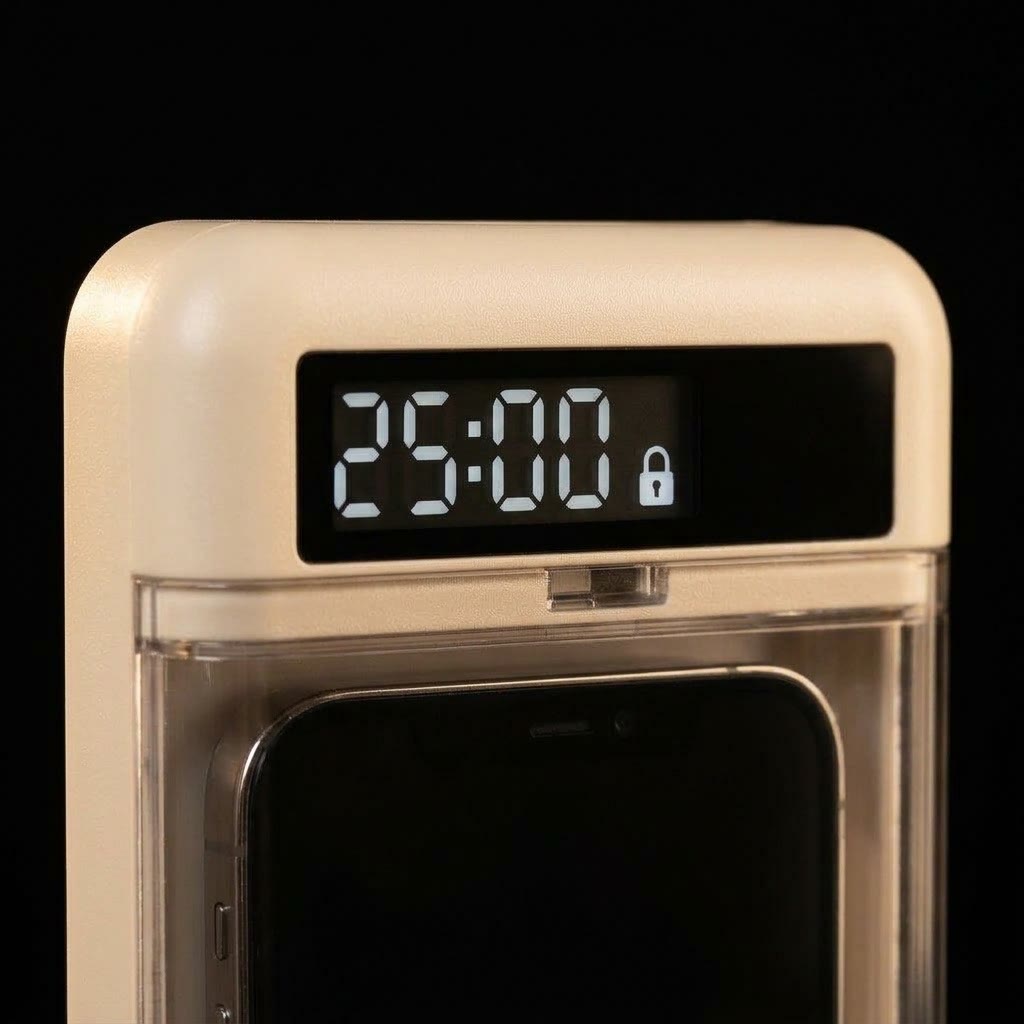 Primer plano de la pantalla LCD de la caja de bloqueo beige con la cuenta atrás de 25:00 y el icono de candado