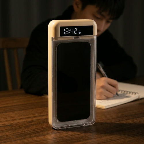 Caja de bloqueo beige con un móvil dentro, sobre una mesa, mientras una persona escribe en un cuaderno al fondo