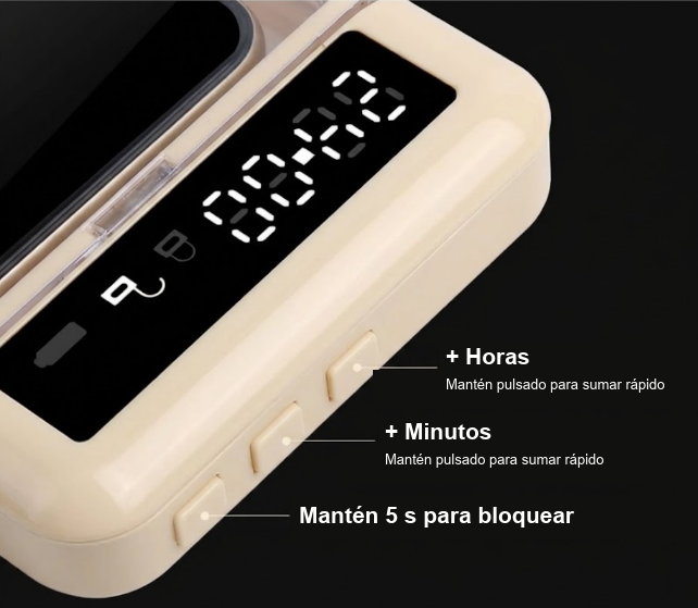 Botones de la caja de bloqueo: más horas, más minutos y mantener 5 segundos para bloquear