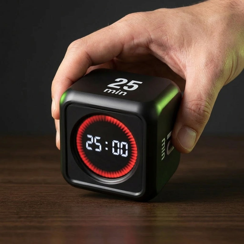 Mano girando el cubo pomodoro para dejar arriba la cara de 25 minutos, con 25:00 en la pantalla