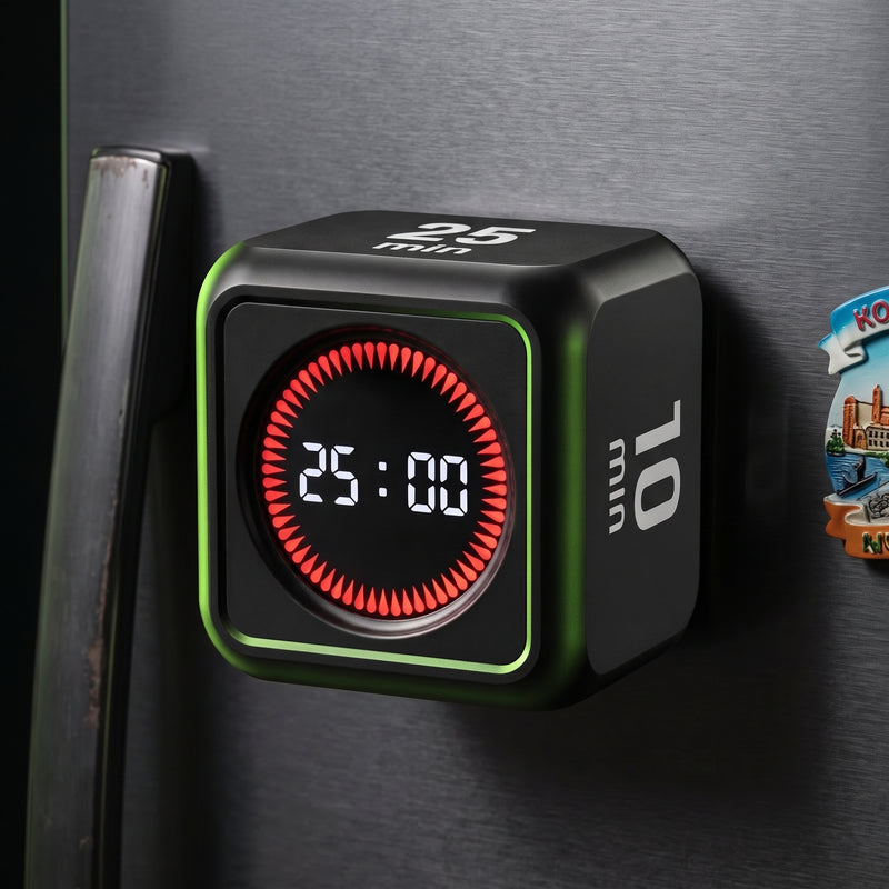 Cubo pomodoro pegado con su imán a la puerta metálica de una nevera, con 25:00 en la pantalla