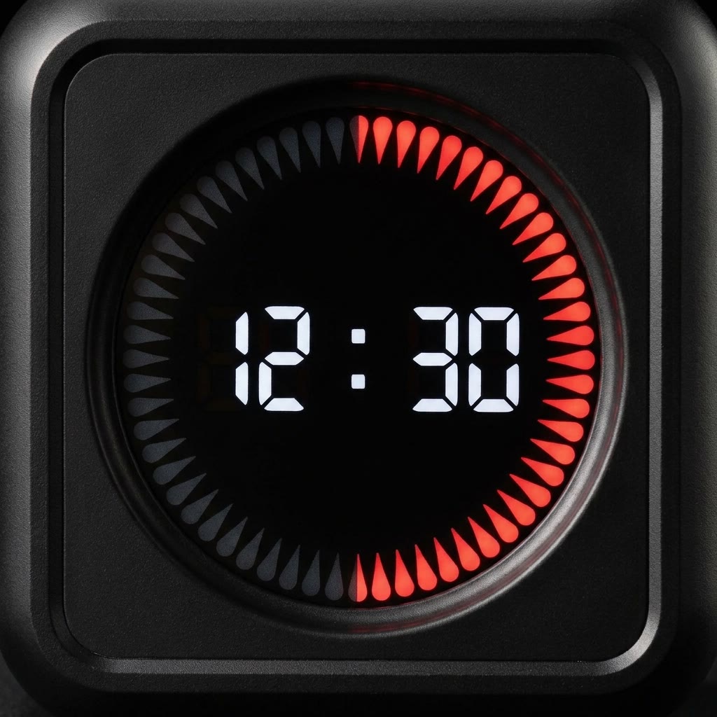 Primer plano de la pantalla del cubo pomodoro: el tiempo restante en el centro y la barra de progreso circular alrededor