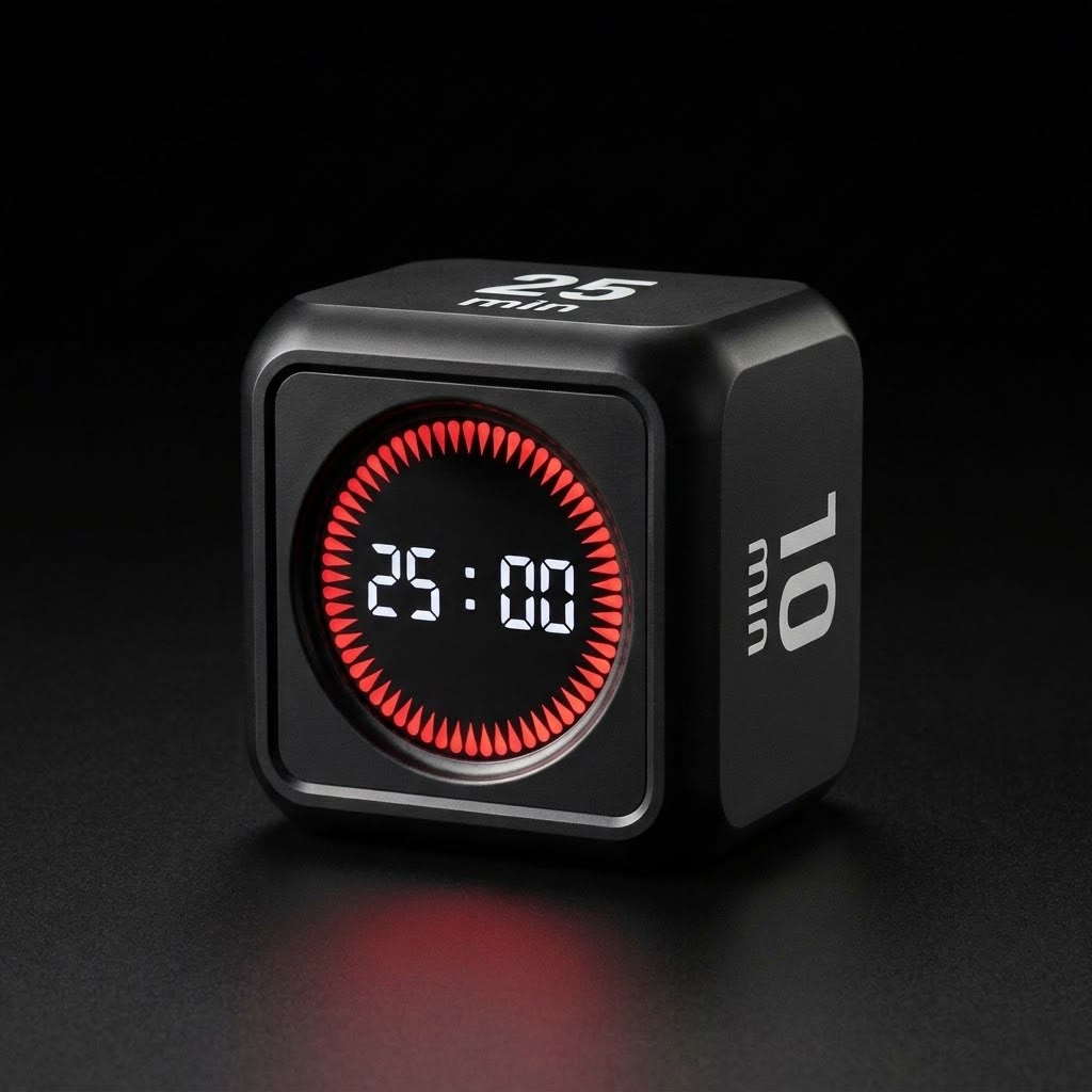Cubo temporizador pomodoro visto de tres cuartos, con la cuenta atrás de 25:00 en la pantalla y las caras de 25 y 10 minutos a la vista