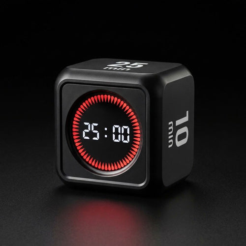 Cubo temporizador pomodoro visto de tres cuartos, con la cuenta atrás de 25:00 en la pantalla y las caras de 25 y 10 minutos a la vista