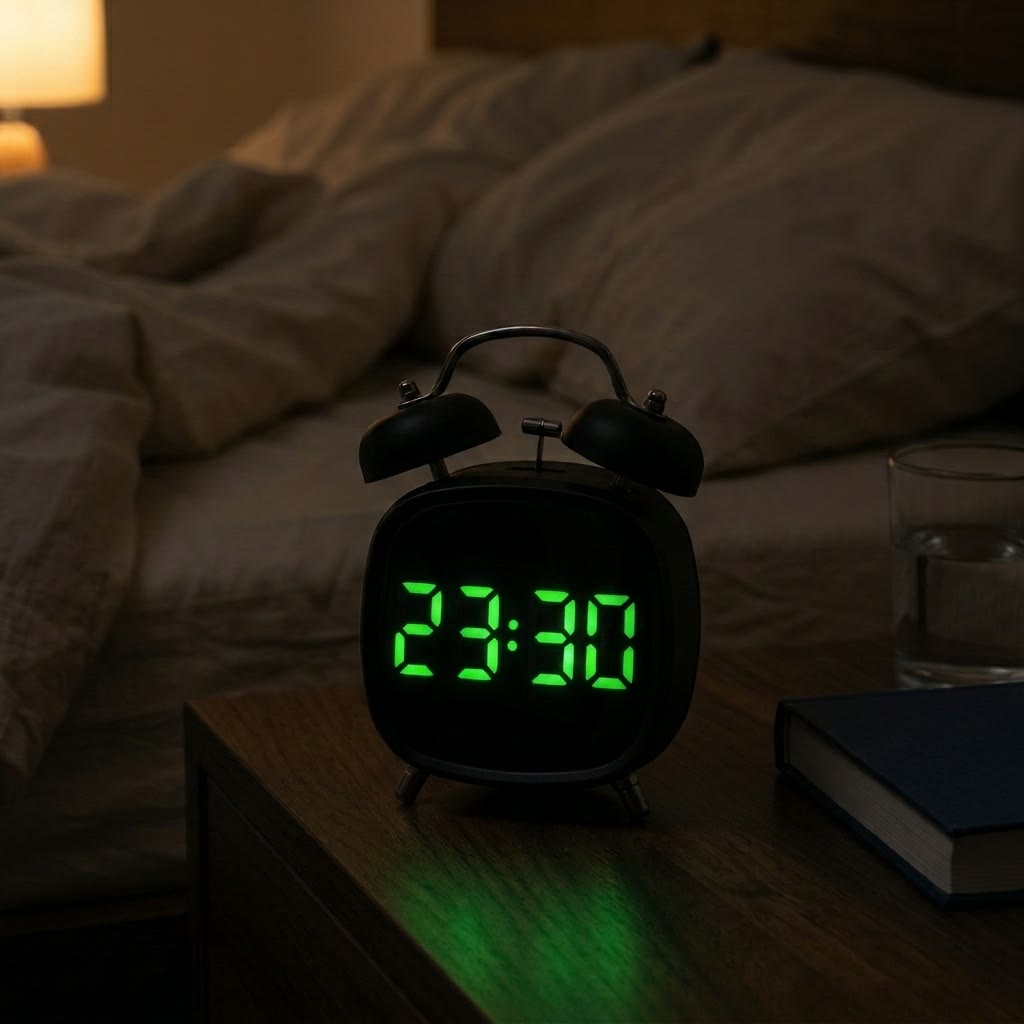 Despertador negro de campanas en una mesilla de noche junto a la cama, con las 23:30 en números verdes y un libro al lado, sin móvil