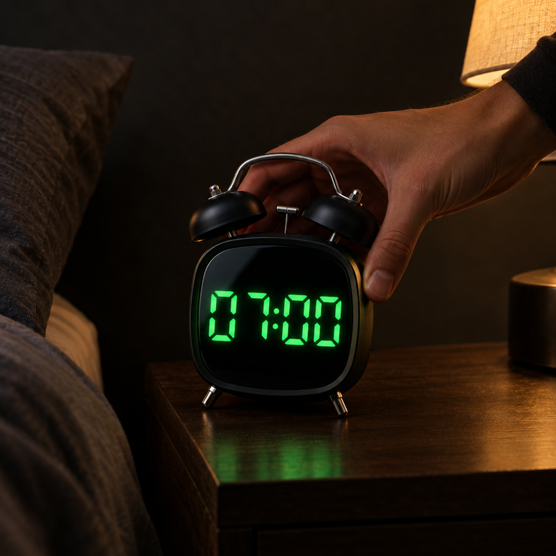 Mano colocando el despertador de campanas en la mesilla, con las 07:00 en la pantalla