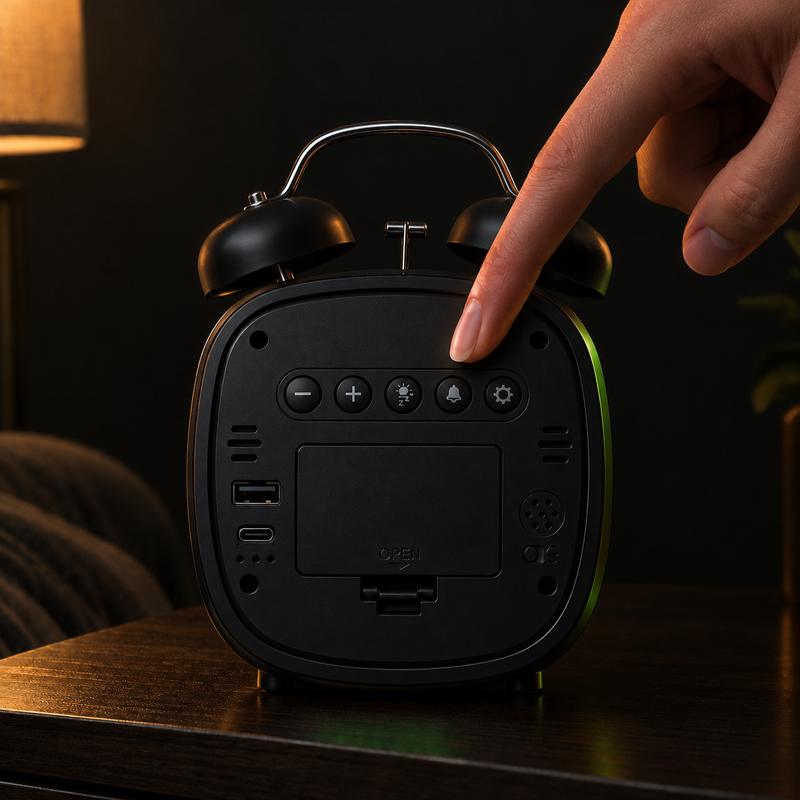 Dedo pulsando los botones de la parte trasera del despertador para programar la alarma