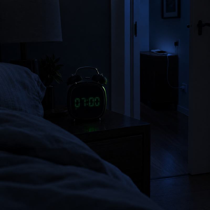 Dormitorio a oscuras con el despertador en la mesilla en modo nocturno y la pantalla atenuada