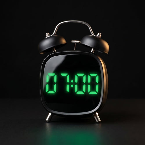 Despertador digital negro con forma de reloj de campanas y números LED verdes marcando las 07:00